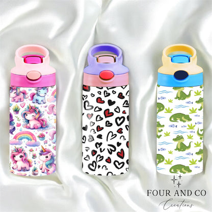 Personalised 12oz Stainless Steel Water Bottle – Flip Lid with Straw