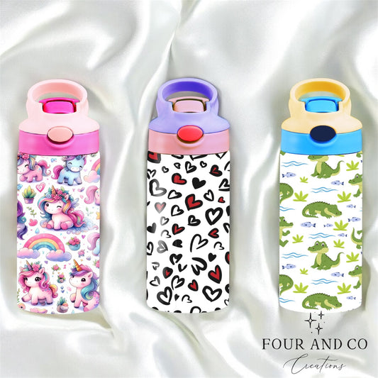 Personalised 12oz Stainless Steel Water Bottle – Flip Lid with Straw